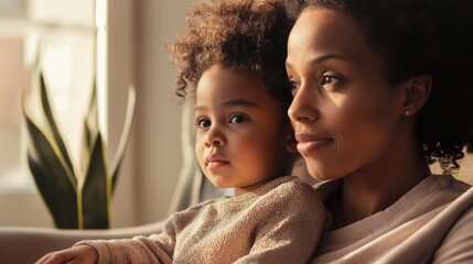 Joyful moment of mother and daughter bonding on a cozy couch at home, watching tv together in a warm living room filled with natural light