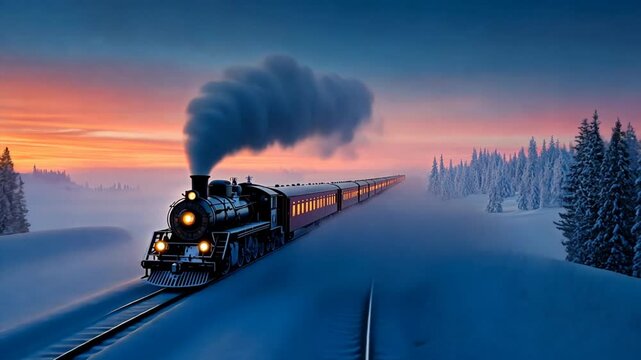 The Polar Express steams through a magical winter sunrise.