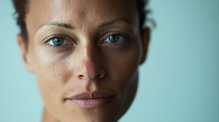 Obraz premium Young woman with blue eyes and freckles gazes thoughtfully at the camera, exuding confidence and serenity against a blue backdrop