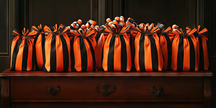 A row of orange and black striped Halloween candy bags, overflowing with treats and sitting on top of a vintage dresser.