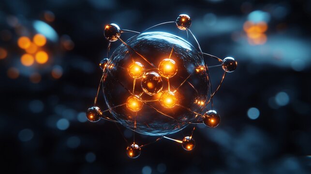 Highly detailed, 3d rendered atom is glowing with energy, surrounded by other atoms in a dark void. Horizontal poster with stylized electron and proton of a molecule; physics and chemistry particle 