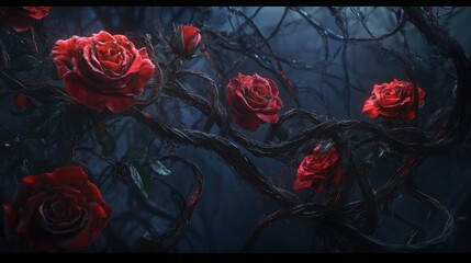 A dark and moody image of red roses blooming on twisting vines, with a deep blue background.