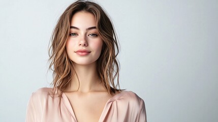 Fototapeta premium Young woman with soft smile, light background