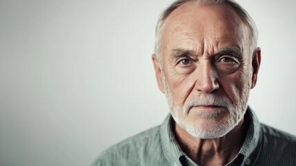 Obraz premium Serious senior man with grey hair and a beard looks thoughtful against a white background, exuding confidence and trustworthiness