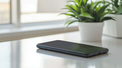 Sleek smartphone on a clean desk in a modern office, with a green plant in the background, creating a peaceful work setting with ample copy space for tech concepts