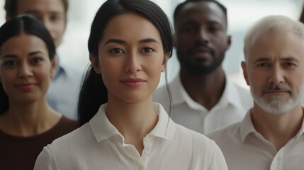 Diverse group of business professionals are standing together, representing the power of teamwork and inclusion in the workplace