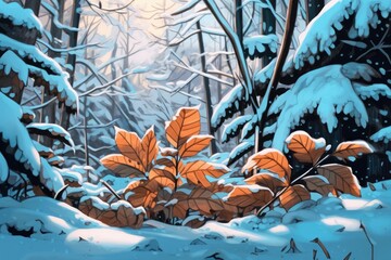 Dry branch with orange leaf's in forest with snow. Cartoon style. 