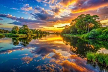 Serene Avamarie Landscape with Lush Greenery and Tranquil Water Reflections at Sunset
