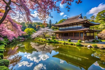 Naklejka premium Serene Beauty of Sankeien Garden with Traditional Architecture and Vibrant Nature in Springtime