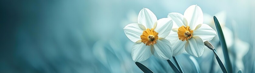 Fototapeta premium Beautiful daffodil flowers in soft focus against a serene blue background, perfect for spring and floral-themed designs.