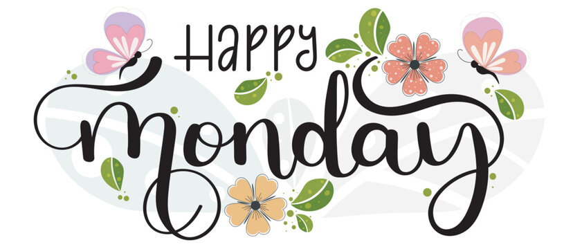 Happy MONDAY. Hello Monday vector days of the week with flowers, butterflies and leaves. Illustration (Monday)