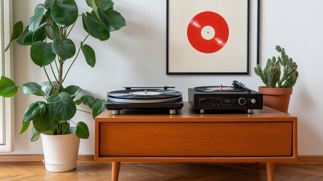 Mid-century living room with retro decor and vinyl record display