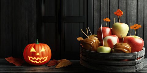 A bowl of candy apples, caramel apples and other Halloween treats, resting on an old wooden crate next to a black door with a jack-o'-lantern on it.