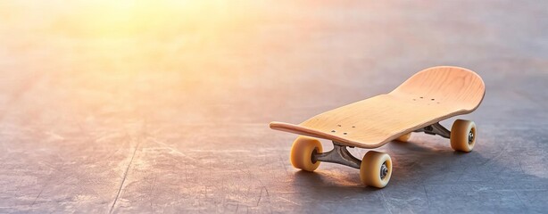 Skateboard on concrete surface with sunlight, minimalist and artistic view.
