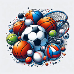A vibrant collage of sports equipment, including balls, rackets, and shoes