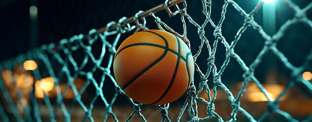 Basketball stuck in a net during night, illuminated background.
