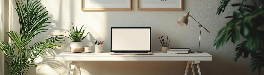 Fototapeta premium Stylish home office setup featuring a laptop, plants, and decorative items, perfect for inspiration and productivity.
