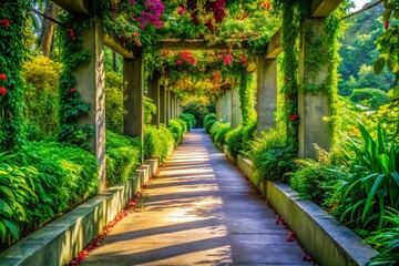 Serene Concrete Walkway Surrounded by Lush Greenery in a Peaceful Outdoor Environment