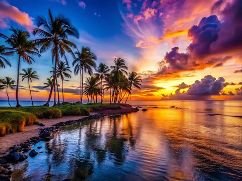 Serene Coastal Sunset Over Pedasi's Tranquil Waters with Silhouetted Palm Trees and Gentle Waves