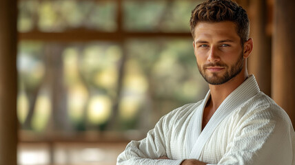 A man in a kimono. The coach of the martial arts school.