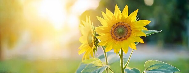 Obraz premium Beautiful sunflowers basking in sunlight against a blurred background.