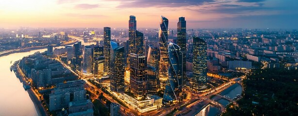 City skyline at sunset with modern skyscrapers and river.