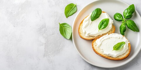 On a grey background, a platter containing cream cheese, bread pieces, and basil leaves is arranged.