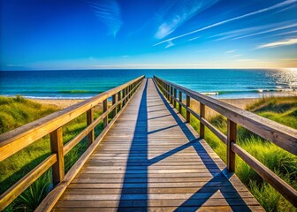 Fototapeta premium Serene Empty Boardwalk Leading to the Calm Ocean Under a Clear Blue Sky on a Bright Sunny Day