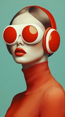 Fashion model wearing red is posing with headphones and futuristic goggles in front of a blue background. Vertical poster for retrofuturism and chic glamour; elegant design for trendy headset
