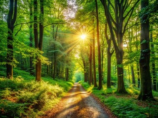 Fototapeta premium Serene Forest Pathway with Lush Greenery and Sunlight Filtering Through the Leaves Above