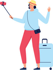 Happy tourist shooting video. Woman with selfie stick