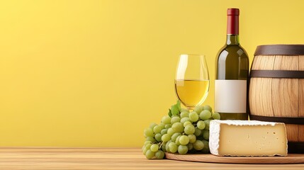 Fototapeta premium An assortment of cheese types along with fresh fruits and garnishes on a wooden board attracts attention on a bright yellow background, ideal for entertaining