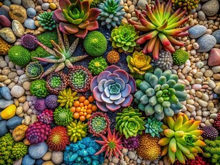 Fototapeta premium Serene Gravel Bed Garden with Succulents and Decorative Rocks in a Natural Outdoor Setting