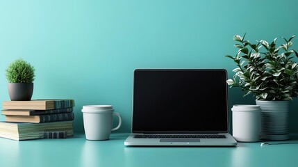 Stylish workspace featuring a laptop, books, coffee cup, and decorative plants, ideal for remote work or study ambiance.