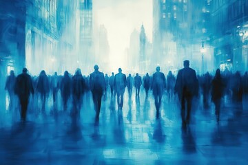 abstract motion blur of a crowd of business people walking through a corporate office depicting the fastpaced environment of a downtown business center in shades of blue