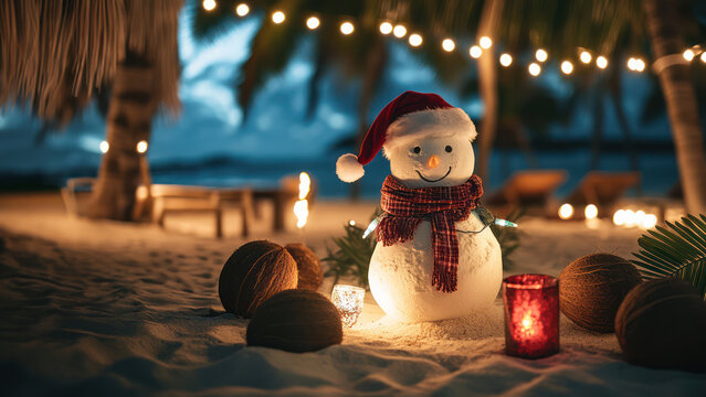 Creative a sandman instead of a snowman wearing a Santa hat and scarf on the beach, surrounded by tropical Christmas decorations like coconuts