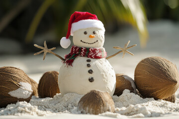 Creative a sandman instead of a snowman wearing a Santa hat and scarf on the beach, surrounded by tropical Christmas decorations like coconuts