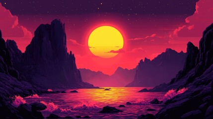 Vibrant Sunset Over Rocky Coastline with Crashing Waves