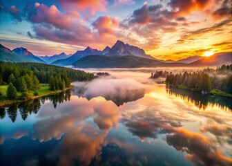 Serene Landscape at Sunrise with Misty Mountains and Reflective Lake Under a Colorful Sky