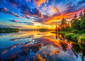 Serene Landscape at Sunset with Vibrant Colors and Reflections on Calm Water under a Clear Sky
