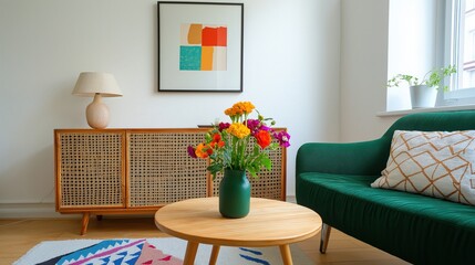 Minimalist living space with vibrant spring accents