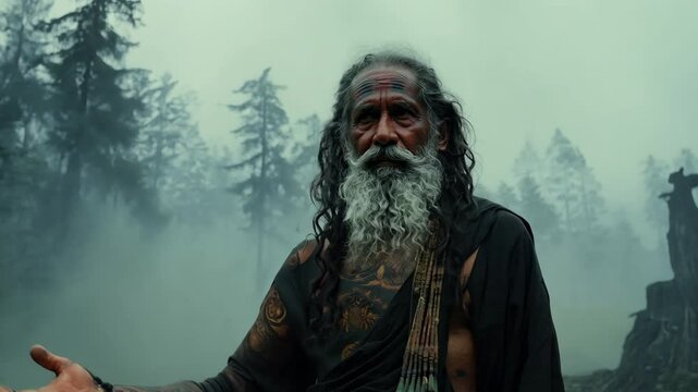 Old shaman with gray beard conducts spiritual ritual in forest. Mystical elder man casts spell in dark wood. Mysterious druid, guardian controls weather. Elderly senior pagan portrait. Spiritual path.