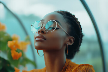 A beautiful Black woman with closed eyes wearing glasses in a glass building with flowers behind her.