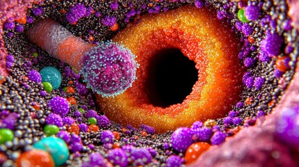 Colorful abstract biological structure depicting vibrant spheres and textures, creating mesmerizing visual experience. intricate details evoke sense of wonder and curiosity