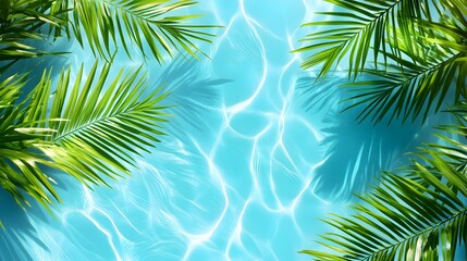 Light blue water background with palm leaves and ripples, swimming pool water, light aquamarine, tropical beach