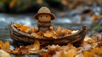 Wooden figurine in a boat surrounded by fall leaves.