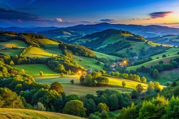 Serene landscape of Ungheni with rolling hills, lush greenery, and a clear blue sky in summer