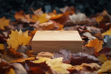 Wooden Display Base Surrounded by Autumn Leaves