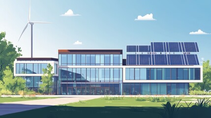 Fototapeta premium Modern Sustainable Energy Facility with Solar Panels and Wind Turbine