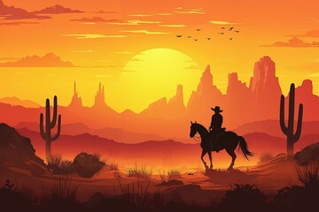 Sunset cowboy ride in the desert landscape with cacti and mountains.